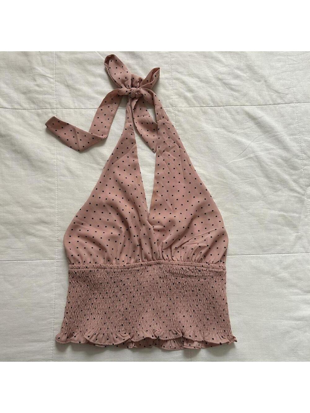 Pink polka dot halter top with smocked hem Size large